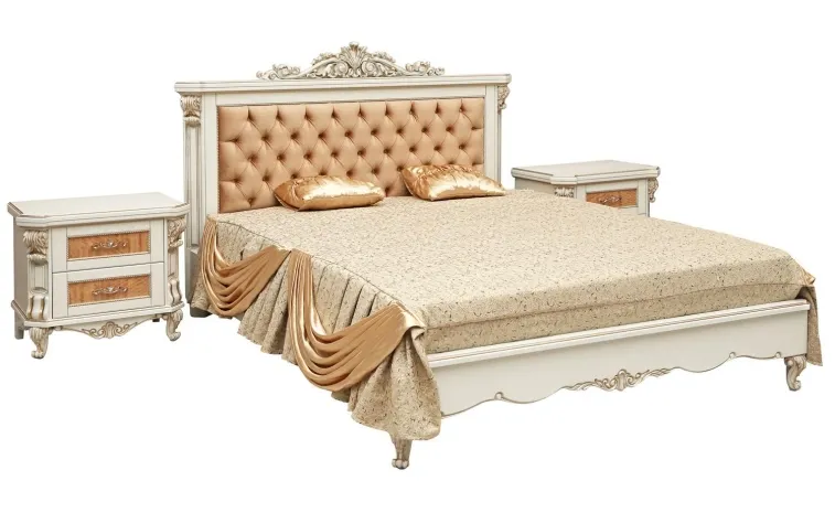 Кровать двойная «Альба» (декор. изголовье)  - слоновая кость с золочением