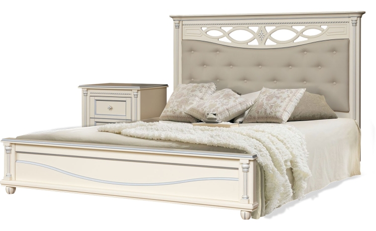 Кровать двойная «Валенсия» с мягким изголовьем - античная темпера с серебром