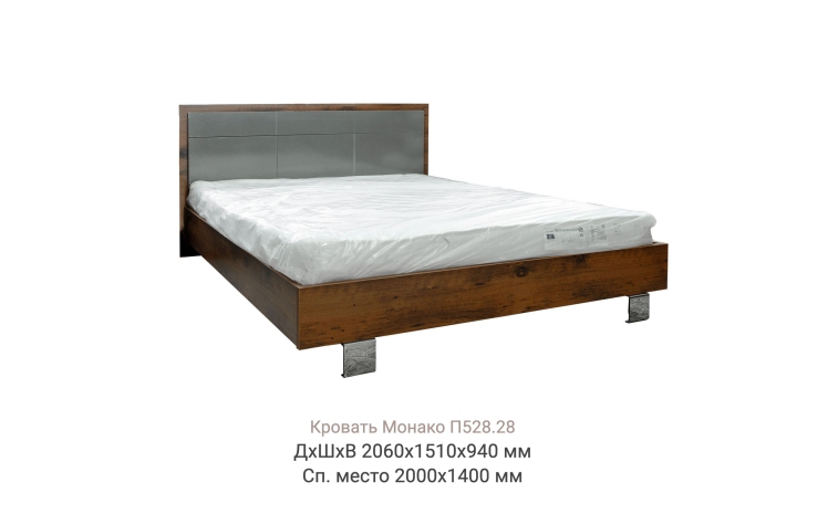 Кровать двойная «Монако» с метал. опорами - дуб саттер+серый мокко