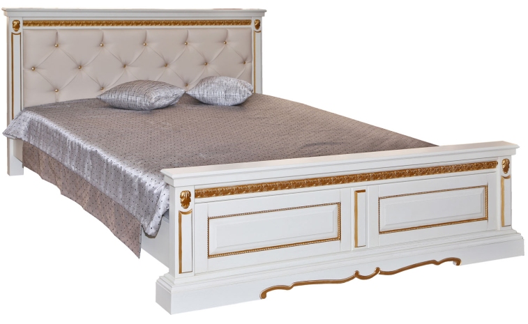 Кровать двойная «Милана» высокое изножье мягкое изголовье - слоновая кость с золочением